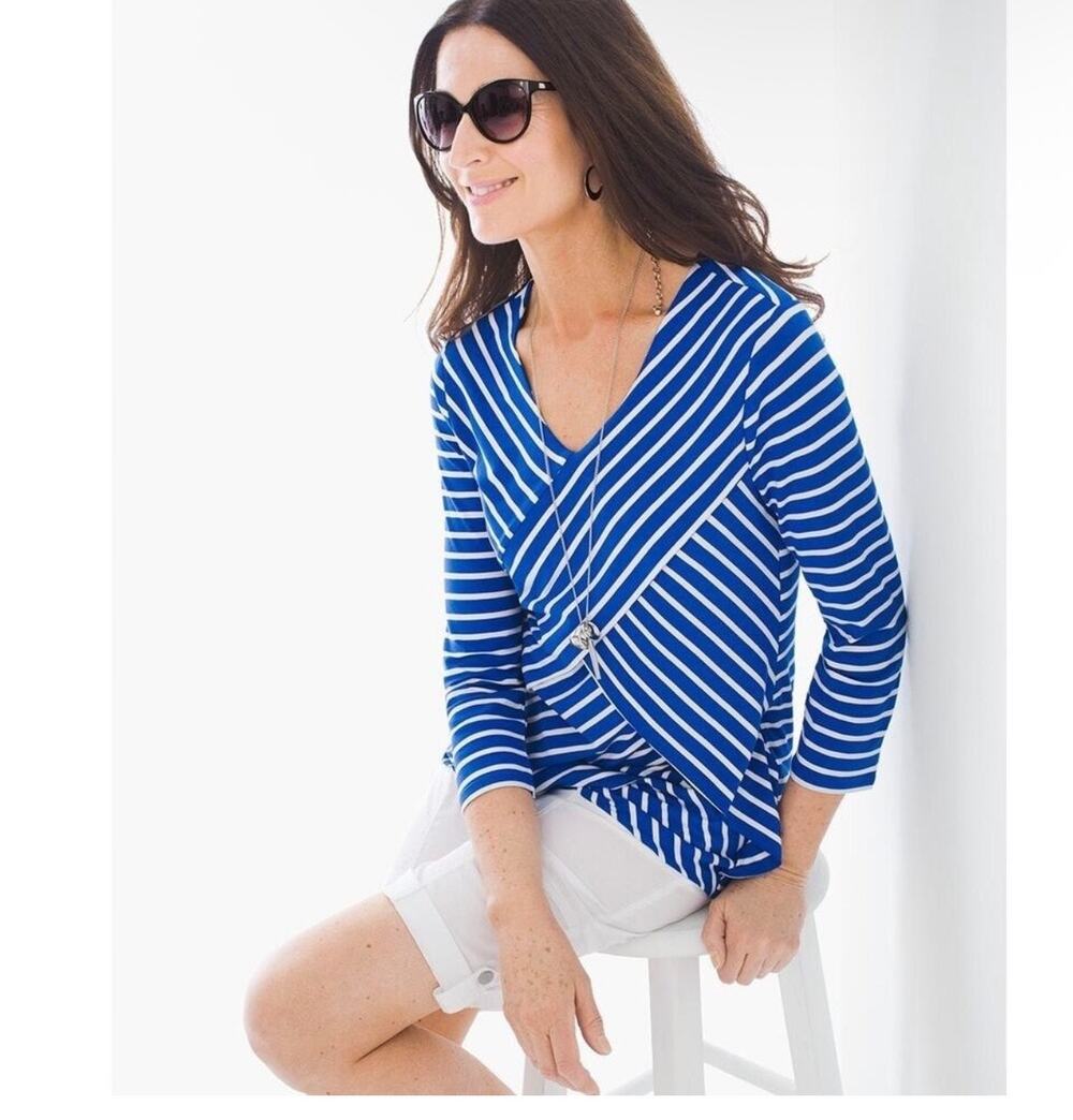 Chico’s Stripe Tiered Top Blue White Asymmetrical Size Large Coastal Nautical